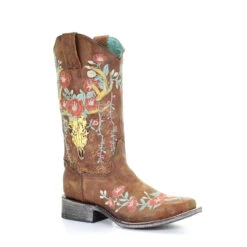 Corral Boots Women’s Corral Western Boots Deer Skull Handcrafted Tan