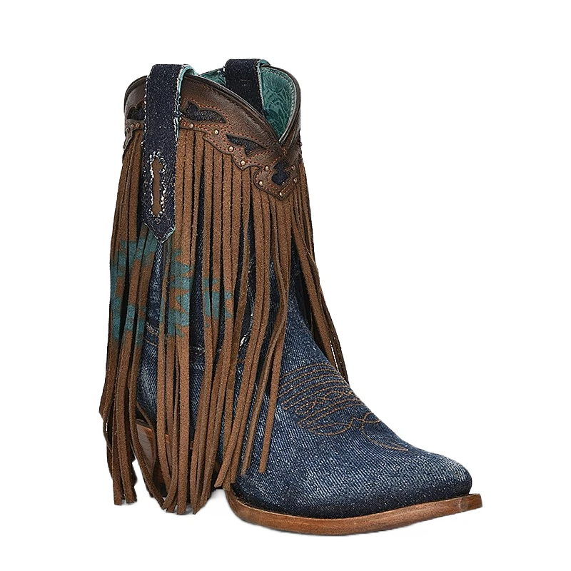Corral Boots Corral Ladies Fringe Ankle Brown & Denim Overlay Pointed Toe Boots Z5154 1 Corral Boots Corral Ladies Fringe Ankle Brown & Denim Overlay Pointed Toe Boots Z5154