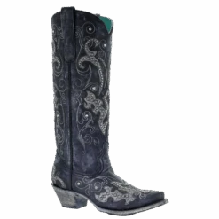 Corral Boots Corral Ladies Black Overlay Emroidery Stud & Crystals Tall Boots A3637