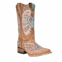 Corral Boots Corral® Girls Glitter Heart Winged Overlay Tan Square Toe Boots T0145