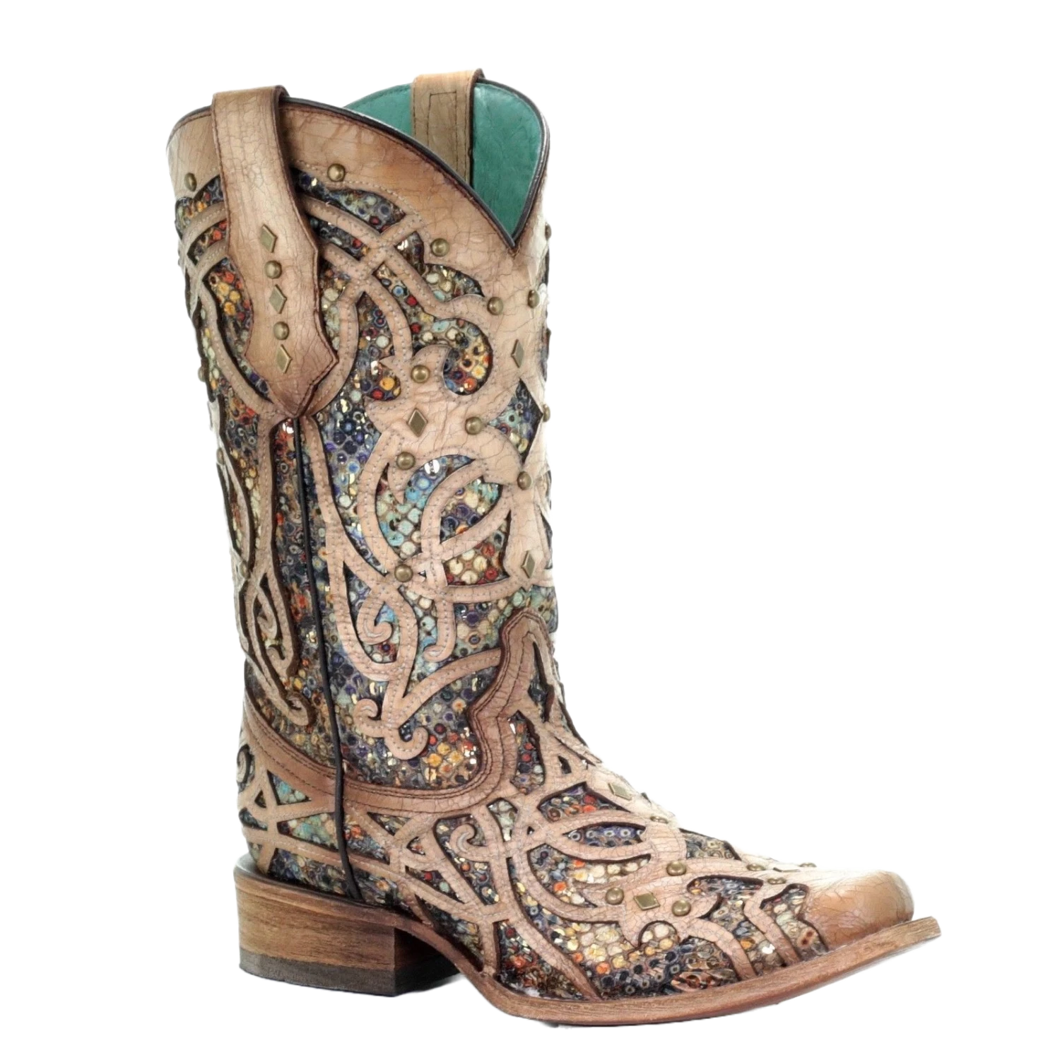 Corral Boots Corral Ladies Bone & Multicolor Inlay & Studs Square Toe Boots C3405 1 Corral Boots Corral Ladies Bone & Multicolor Inlay & Studs Square Toe Boots C3405