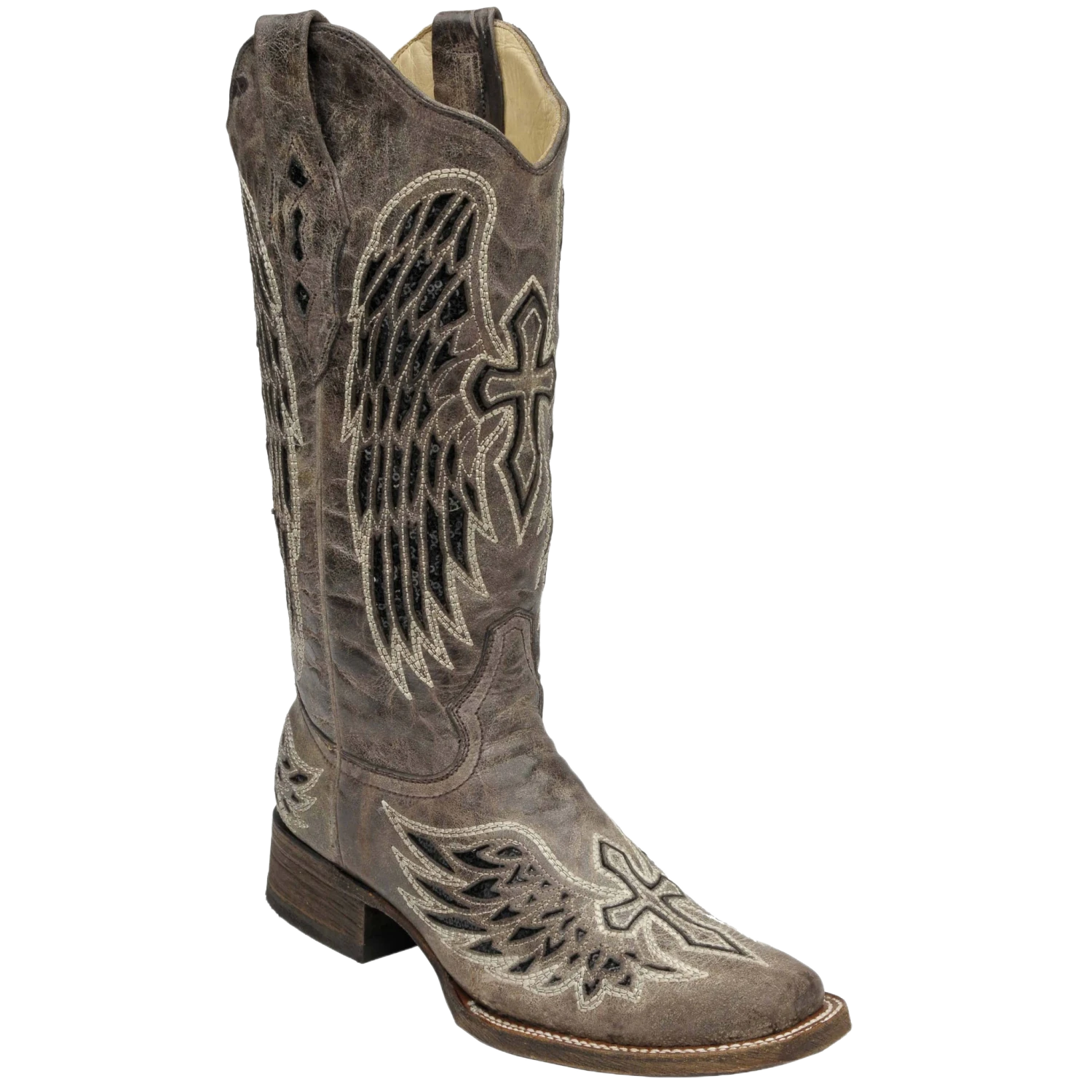 Corral Boots Corral Ladies Brown/Black Wing & Cross Sequence Square Toe Boots A1197 1 Corral Boots Corral Ladies Brown/Black Wing & Cross Sequence Square Toe Boots A1197