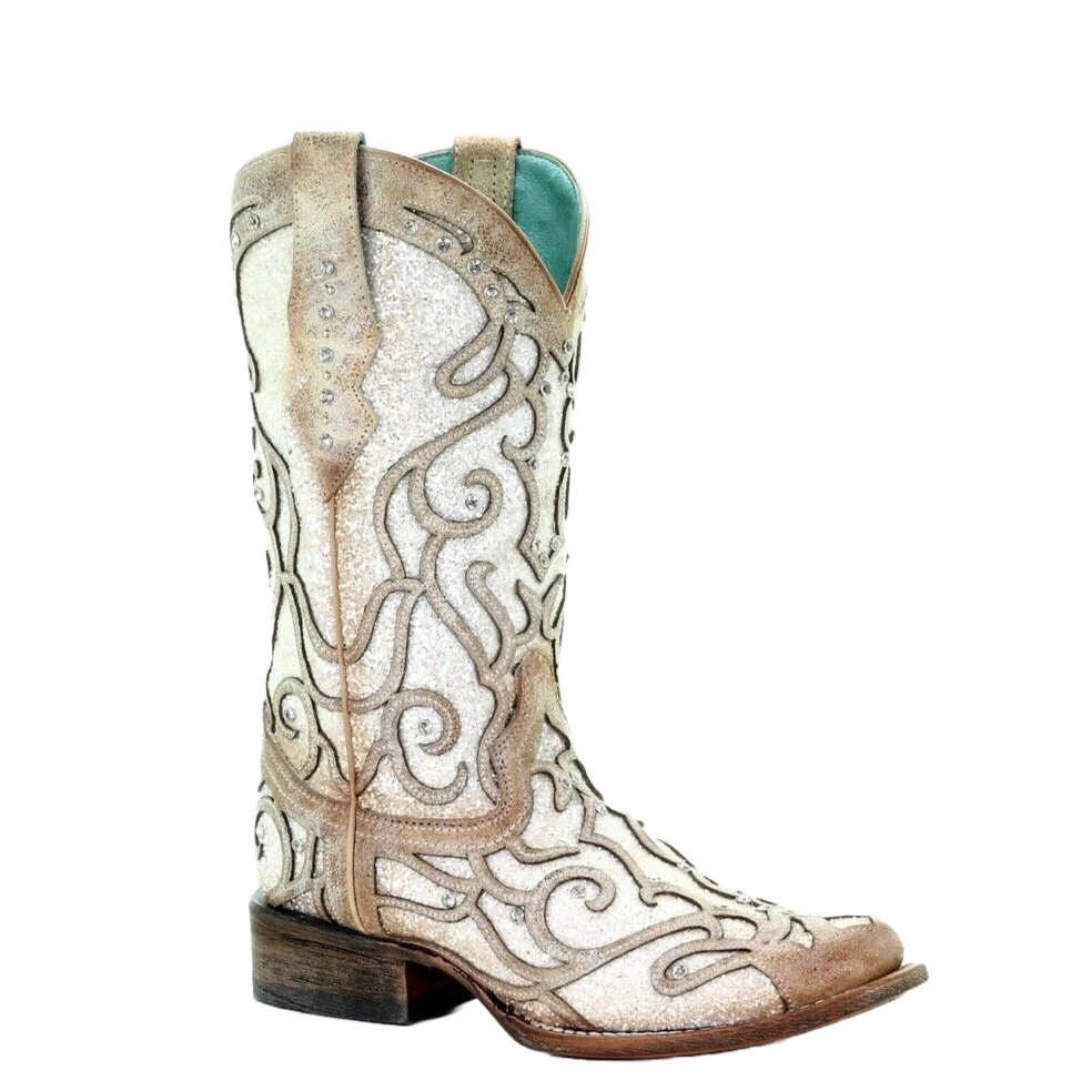 Corral Boots Corral Ladies Bone & White Glitter Inlay & Studs Boots C3482 1 Corral Boots Corral Ladies Bone & White Glitter Inlay & Studs Boots C3482