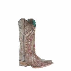 Corral Boots Corral Ladies Taupe Flowered Embroidery & Crystal Studs Boots E1520