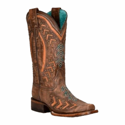 Corral Boots Corral Ladies Embroidery & Studs Brown Laser Square Toe Boots Z5009