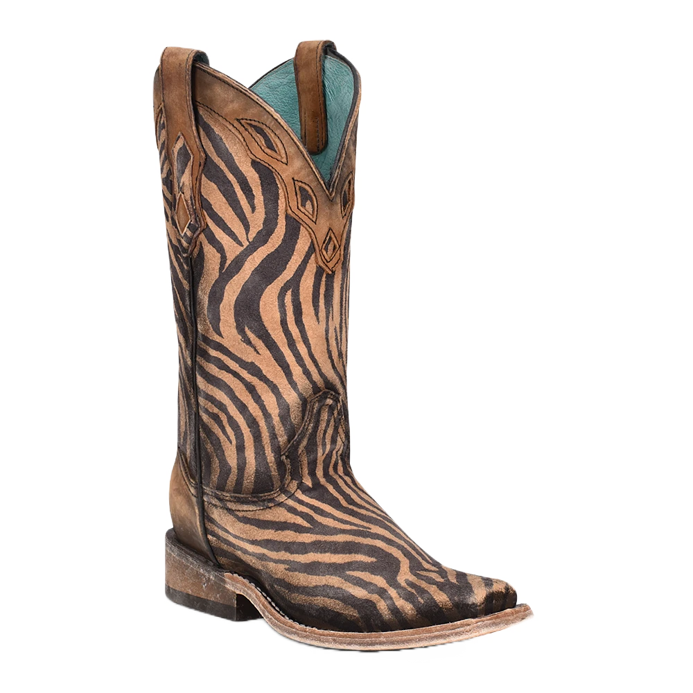 Corral Boots Corral Ladies Saddle Zebra Print & Overlay Square Toe Boots C3859 1 Corral Boots Corral Ladies Saddle Zebra Print & Overlay Square Toe Boots C3859