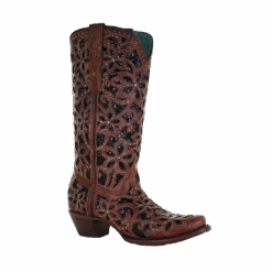 Corral Boots Corral Ladies Tan & Black Inlay, Embroidery & Stud Leather Boots A4083