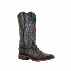 Corral Boots Corral Ladies Overlay Embroidery Turquoise & Brown Leather Boots C3768