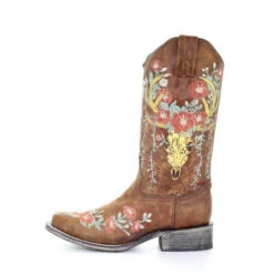Corral Boots Corral Ladies Tan Deer Skull Overlay & Floral Embroidery Boots A3708 -Corral Boots a3708